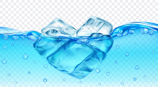 Translucent light blue ice cubes floating in water with bubbles isolated on transparent background