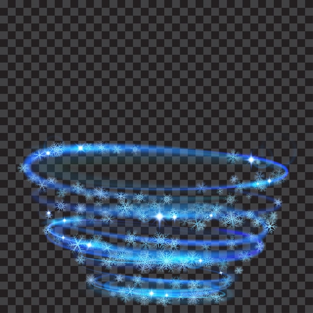 Translucent light blue vortex of snowflakes on transparent background. Transparency only in vector file