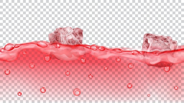 Translucent red ice cubes and many air bubbles floating in water on transparent background. Transparency only in vector format