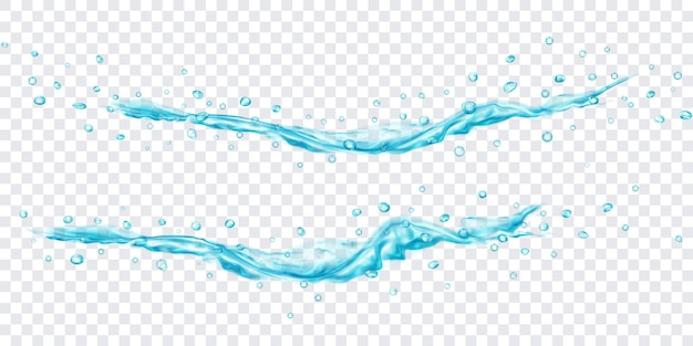 Translucent water jets with drops in light blue colors, isolated on transparent background. Transparency only in vector file