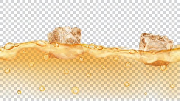 Translucent yellow ice cubes and many air bubbles floating in water on transparent background