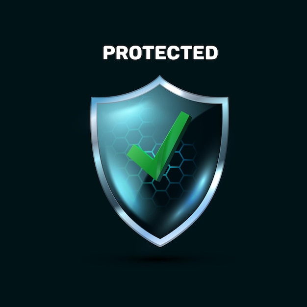 Transparent blue glass shield with force field realistic 3d icon on black background. Shield check mark sign. Tick buckler Vector 3d realistic. security icon.