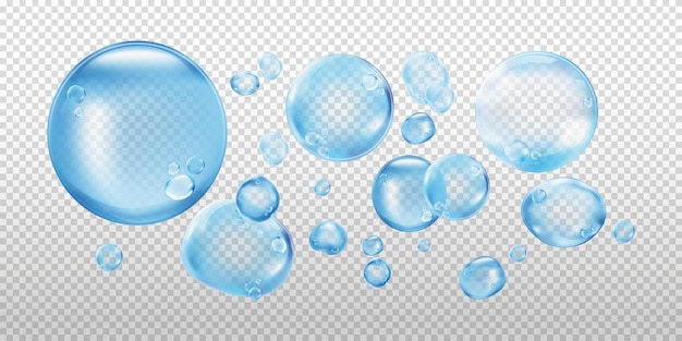 Transparent bubbles on a checkered background Bubbles vary in size creating a floating effect Bubbles appear shiny and clear emphasizing transparency Soap bubble element vector set