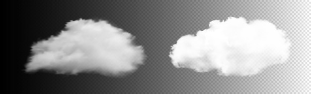 Transparent clouds set White cloudiness mist or smog background Realistic vector clouds