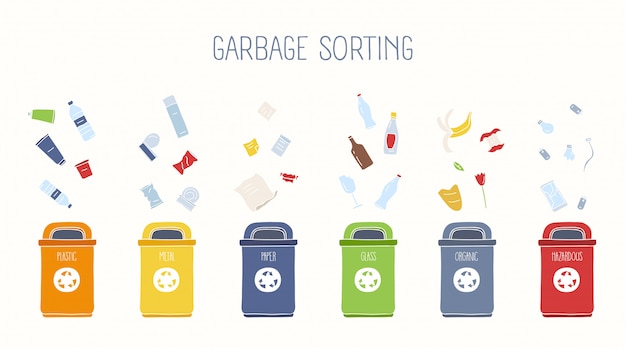 Trash containers and various types of rubbish