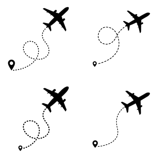 Travel concept Dotted path airplane Aircraft tracking Line path vector icons of air plane flight