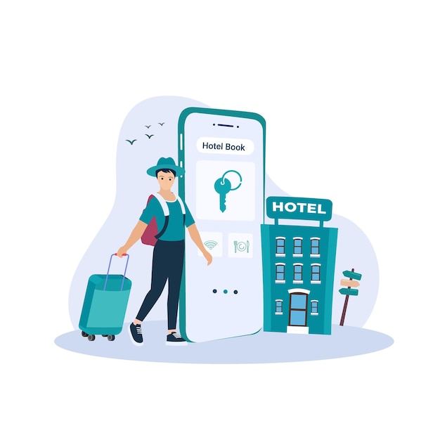 Traveler with mobile phone and booking or tourism illustration