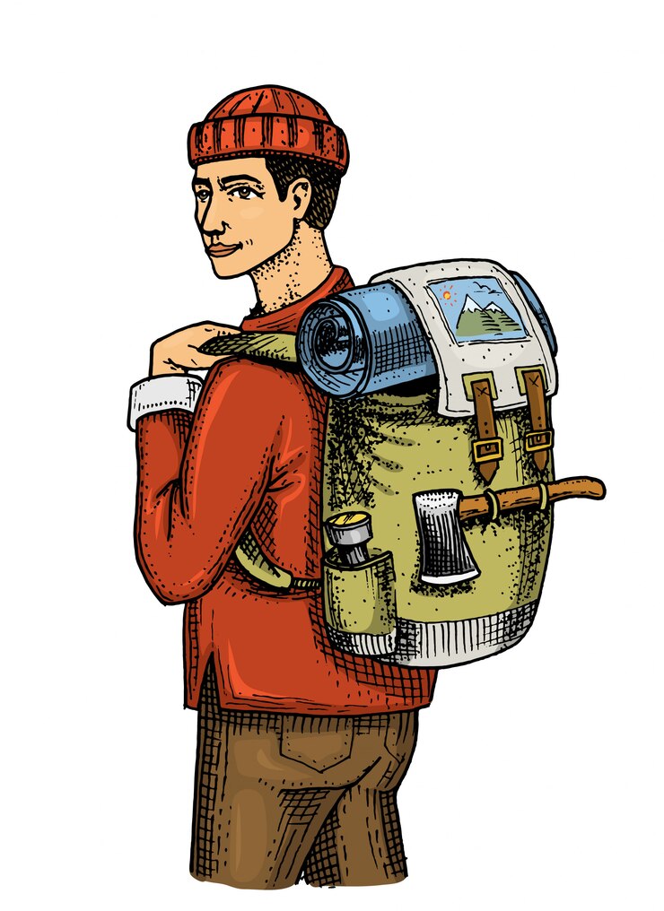 Vektör traveling man with backpack and luggage. camping trip, outdoor adventure, hiking. hipster tourism. engraved hand drawn in old sketch, vintage style for vacation tour.