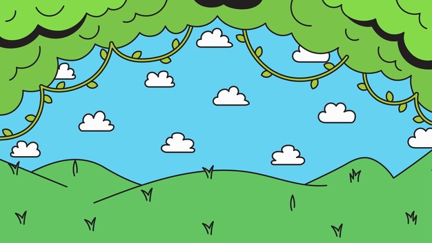 Tree and mountain cloud cartoon hand drawn vector background