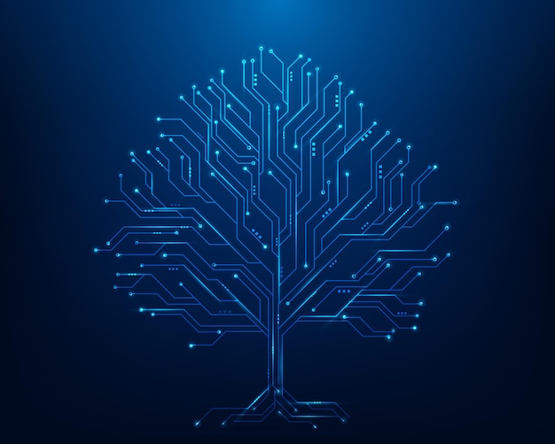 tree data technology circuit line on blue and dot dark background digital circuit board internet