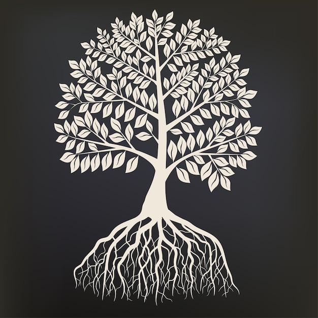 Tree with root system Silhouette isolated on dark background, oak outline. Detailed image