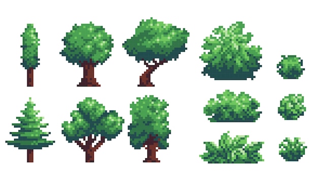 Trees and backyard bushes pixel art icon set Forest elements logo collection