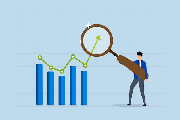 Trend analysis businessman analyst examines trend graph and chart with a magnifying glass