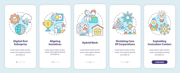 Trends in enterprise onboarding mobile app screen Business development walkthrough 5 steps graphic instructions pages with linear concepts UI UX GUI template Myriad ProBold Regular fonts used