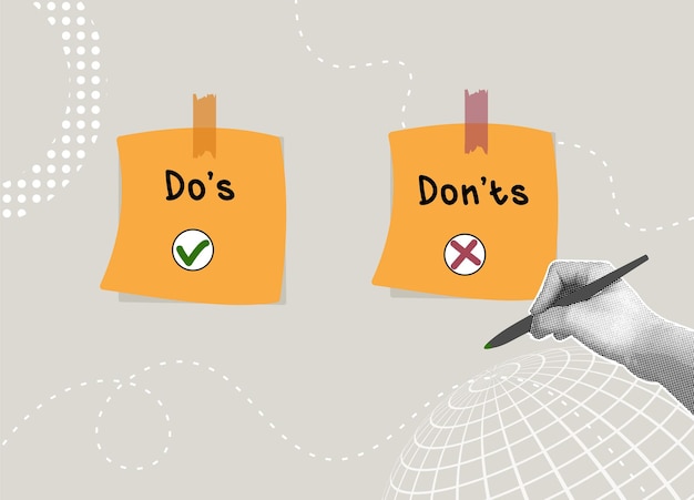 trendy halftone collage dos and donts a guide to success concept of wrong and right todo list