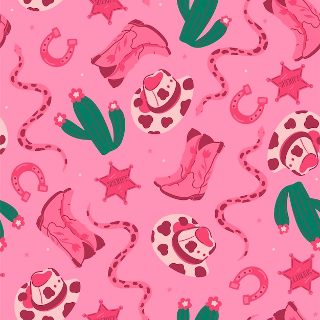 Trendy pink seamless pattern with cowboy boots snakes hats cacti