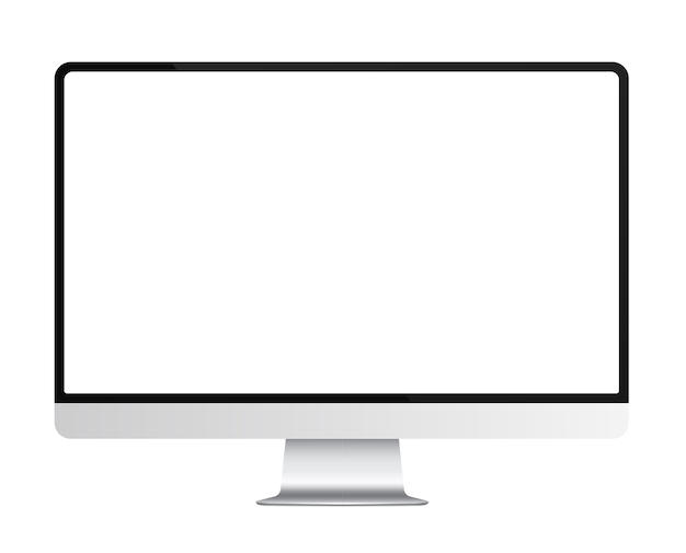 trendy realistic thin frame silver monitor mock up with blank white screen isolated