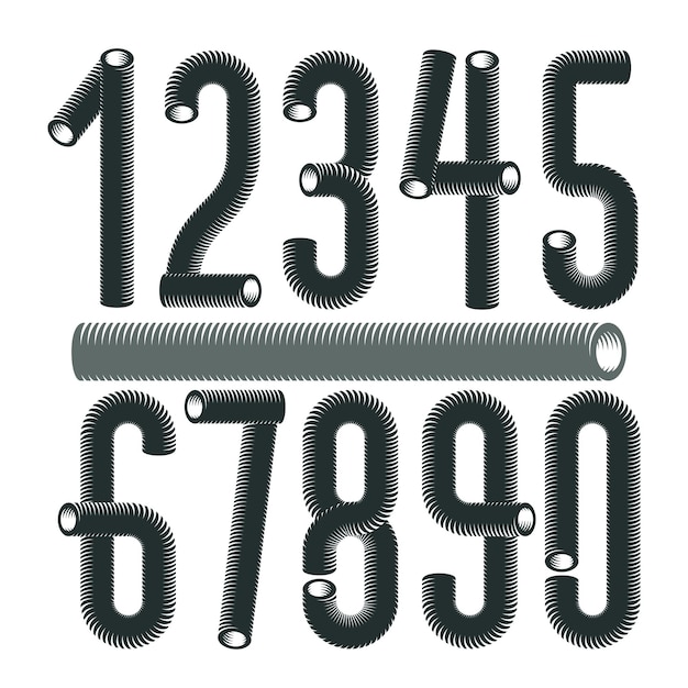 trendy vector numerals collection. modern funky numbers from 0 to 9 best for use in logo, poster creation. made with industrial hose, 3d cylinder tube design.