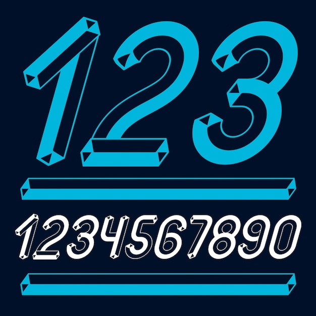 trendy vintage vector digits, numerals collection. retro italic numbers from 0 to 9 can be used in art  poster creation. made with 3d tetra tube design, industry style.