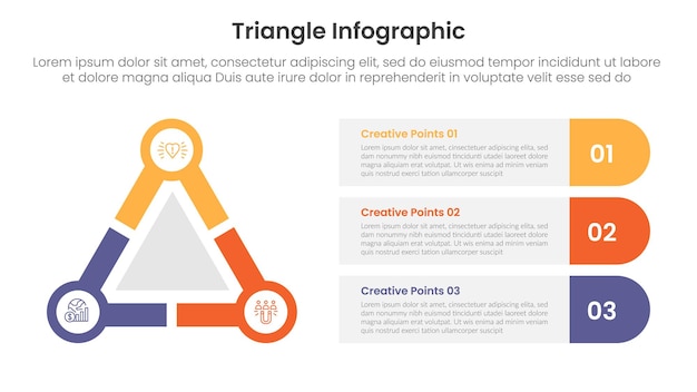 triangle base shape infographic template banner with big triangle and circle on edge with round rectangle box container with 3 point for slide presentation