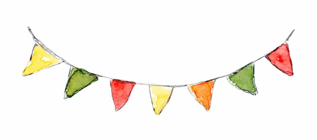 triangle bunting on string for birthday party decoration or carnival watercolor hand drawn sketch