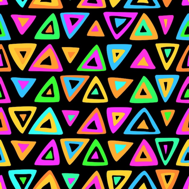 Triangles on black background Seamless hand drawn geometric pattern Abstract doodle triangles