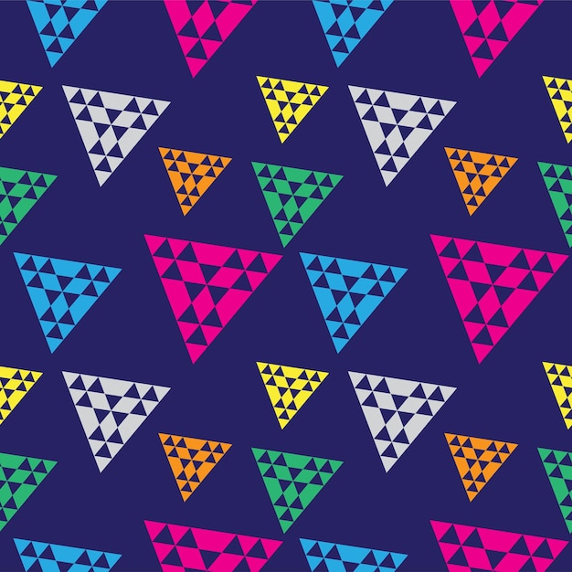 triangular geometric seamless pattern design template colorful abstract triangles shape ornament yellow orange green light blue pink magenta and gray dark blue color theme