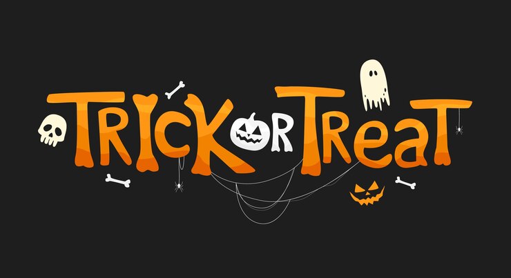Vektor trick or treat text with traditional elements. holiday illustration on black background for halloween day.