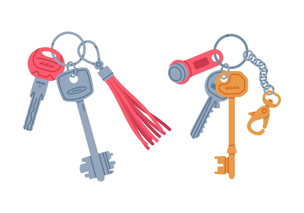 trinket with key hanging with keychain or keyring vector set