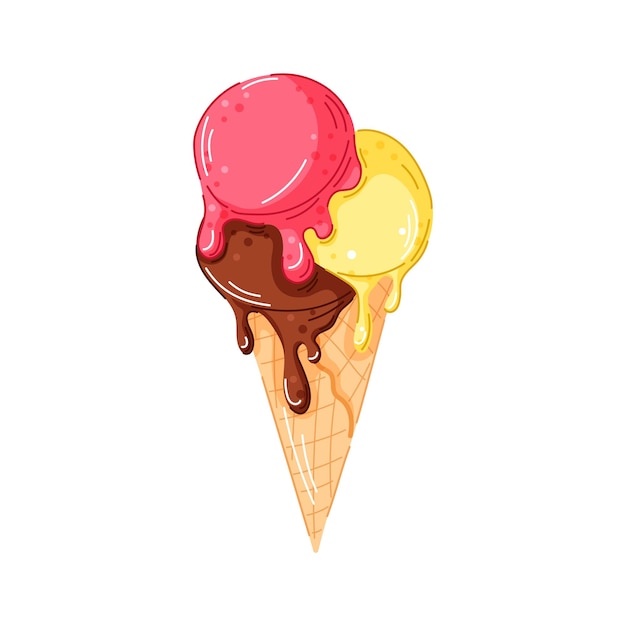 Triple melting scoop ice cream cone with chocolate strawberry or cherry and lemon flavor in cartoon