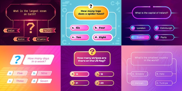 Trivia game ui Question and answer template for quiz show multiple choice interface with buttons and timer Vector game app layout