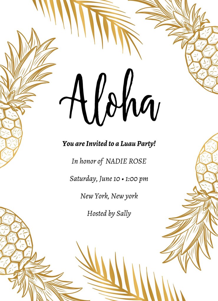 Tropical Aloha Summer Party Invite Aloha Party Template Design with pineapple and branch