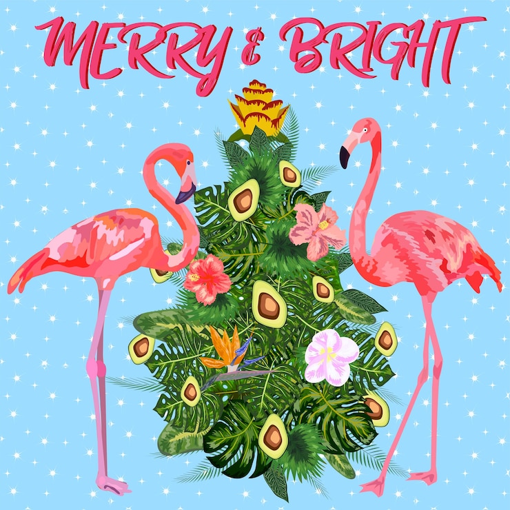 Vektör tropical christmas flamingo palm leaves and snowflakes template for cards and party invitations