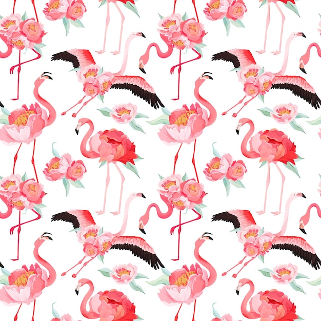 Tropical Flamingo seamless vector summer pattern with peony flowers. Floral and Bird background for wallpapers, web page, texture, textile, backdrop