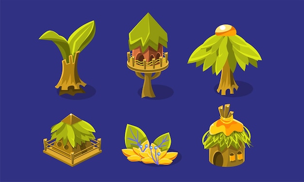 Tropical jungle landscape elements set exotic plants tree house wooden huts user interface assets