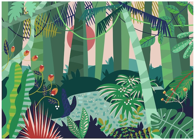 Tropical rainforest palm landscape wild woodland sunset and sunrise nature scenery area cartoon