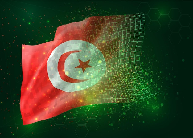 Tunisia, on vector 3d flag on green background with polygons and data numbers