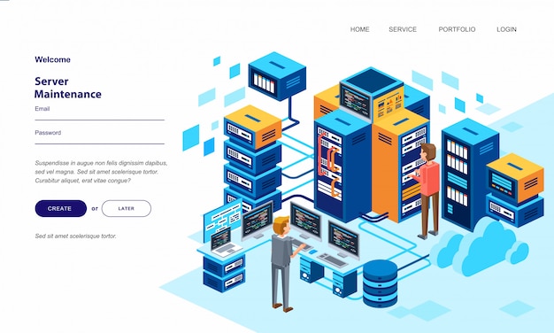Två AI-karaktärgenerator som arbetar i ett datacenter, med många serverdatorillustrationer
