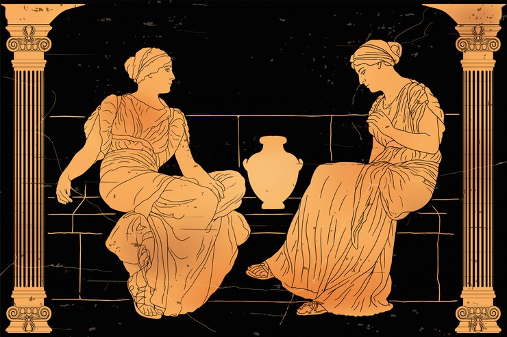 Vektör two ancient greek women sit on a stone parapet with a jug and communicate.