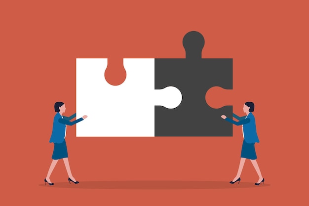 Two business women putting puzzles together concept of Parts connect collaboration or business cooperation metaphor