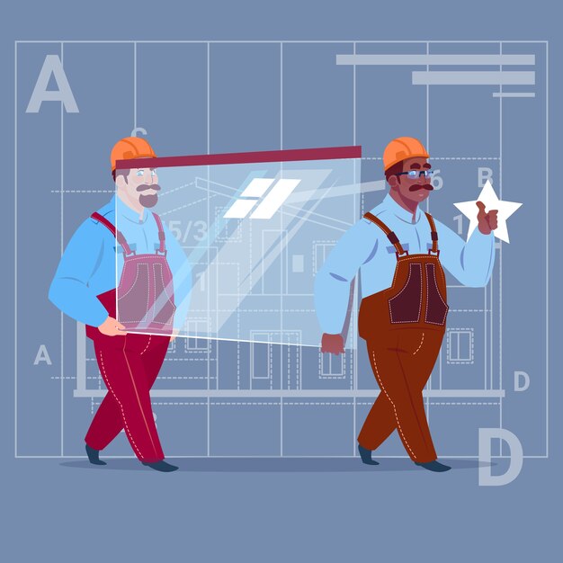 Two Cartoon Builders Carry Glass Wearing Uniform 