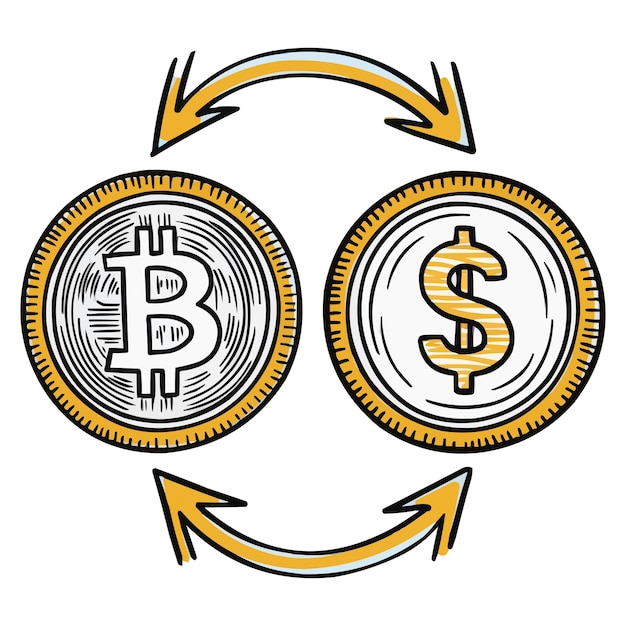 two coin exchange loop One coin features the Bitcoin and the other shows a dollar symbol