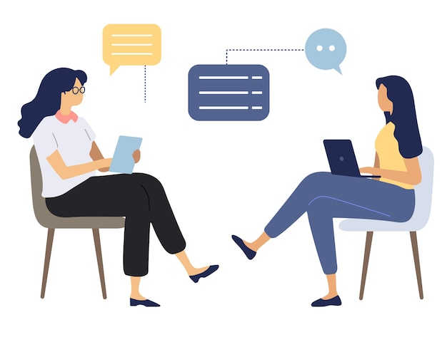 Two girls work together and discuss their tasks in front of their gadgets Flat style Business people