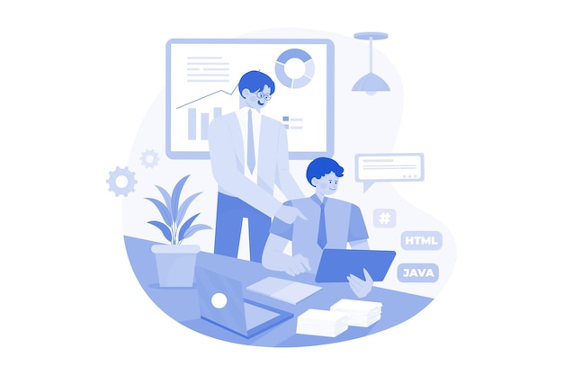 two guys are working with files and data