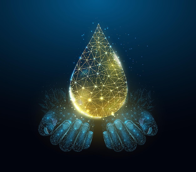 Two human hands are holds oil drop Wireframe glowing low poly design on dark blue background Abstract futuristic vector illustration