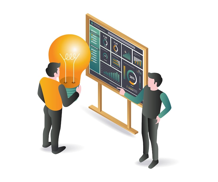 Vektör two men are looking at a board with a light bulb on it