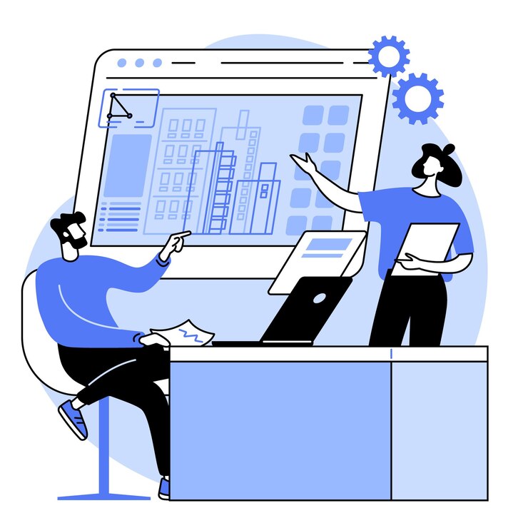 Vektör two people collaborating on blue building design software