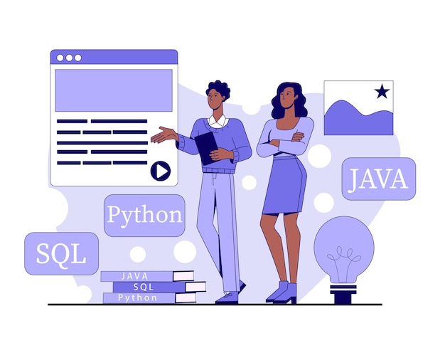 Two people discussing programming languages like python java and sql with icons and books around