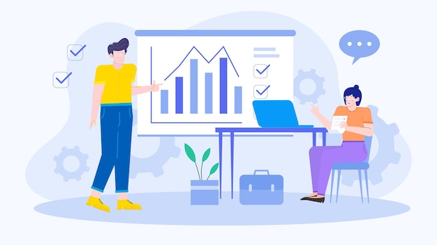 two people in a business team are presenting about business increase with diagram and graph