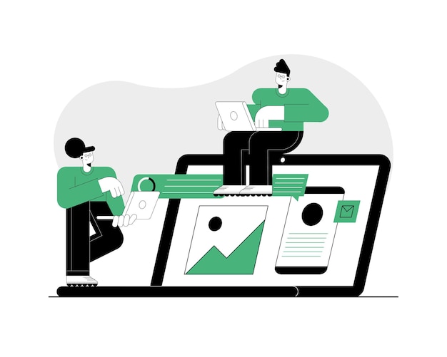 Two persons using technology characters